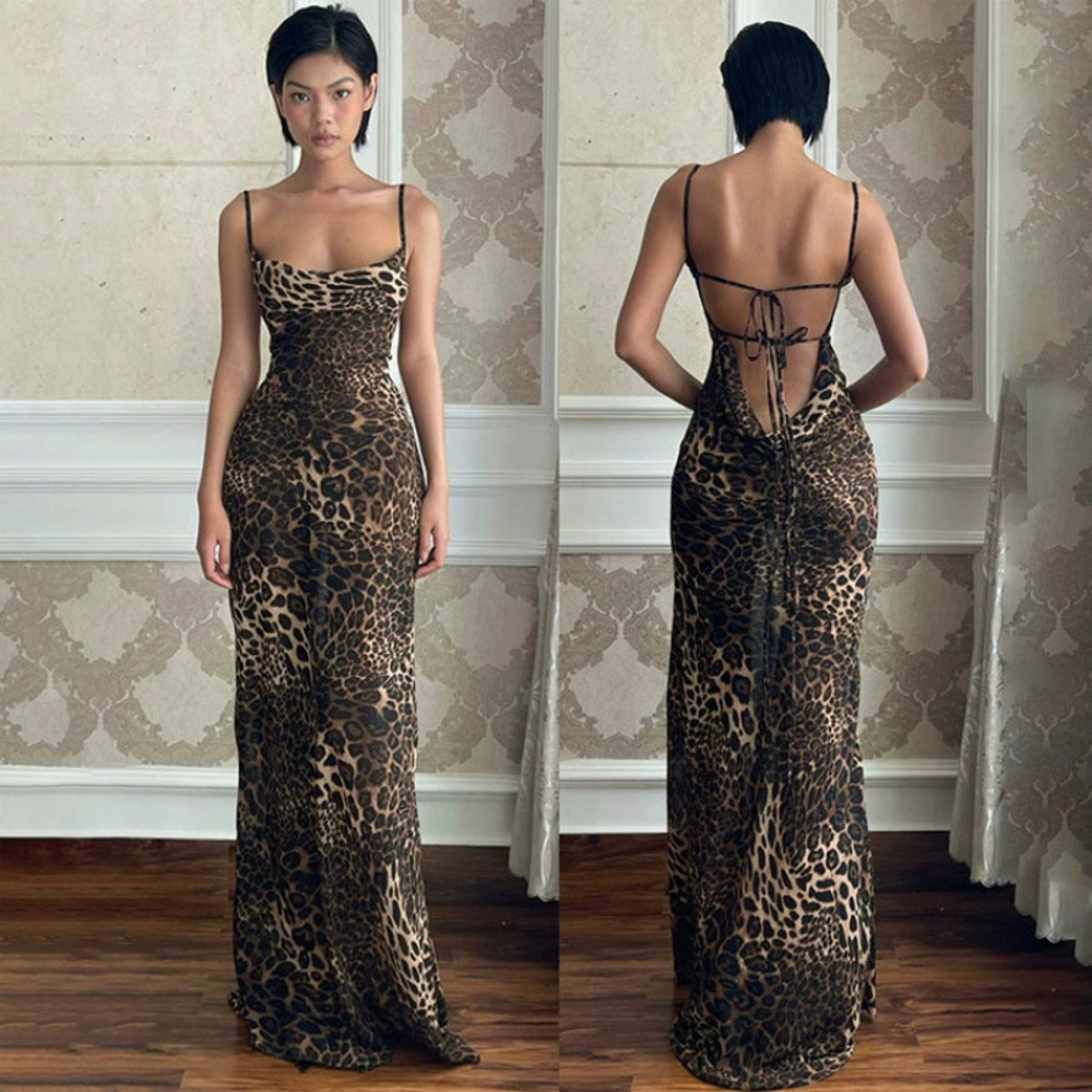 Sexy Leopard Print Backless Cowl Neck Spaghetti Strap Summer Bodycon Maxi Dress